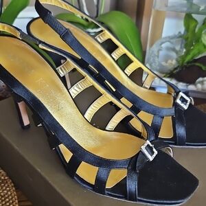 Anne Klein Elegant Black Satin Leticia Slingback Heels Size 9.5